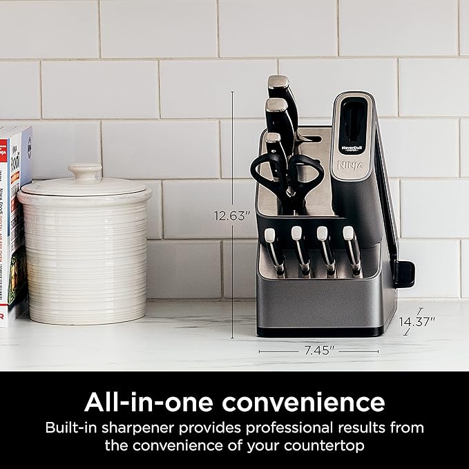 Ninja K32009 Foodi NeverDull Premium Knife System, 9 Piece Knife Block Set with Built-in Sharpener, German Stainless Steel Knives, Black