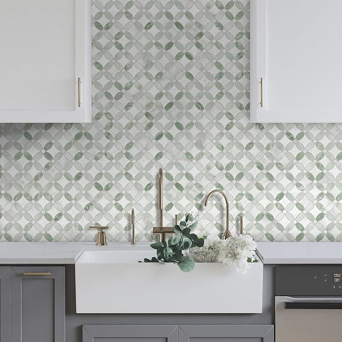 SUNWINGS 10-Sheet Peel and Stick Backsplash Coin Waterjet Tile, 11.2" x 11.2" Green Marble Looks Self Adhesive Wall Tile Stick on Backsplash for Kitchen, Bathroom, Fireplace, Shower