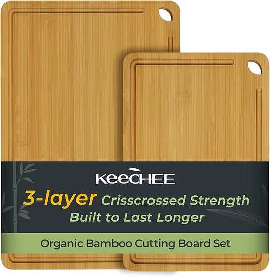 Keechee Chopping Board 2-Pcs Natural Bamboo Cutting Board With Juice Channels & Knife-Friendly Finish For Versatile Kitchen Use, Ideal Charcuterie & Chopping Multi-Use