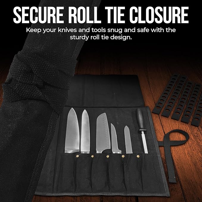 Chef Knife Roll Bag - Durable 6 Slot Black Waxed Canvas Knife Roll- Water Resistant Standard Knife Bag w/ Roll Tie, Large Zippered Pouch & 6 Plastic Knife Guards-Fits knives up to 2” wide & 15” long