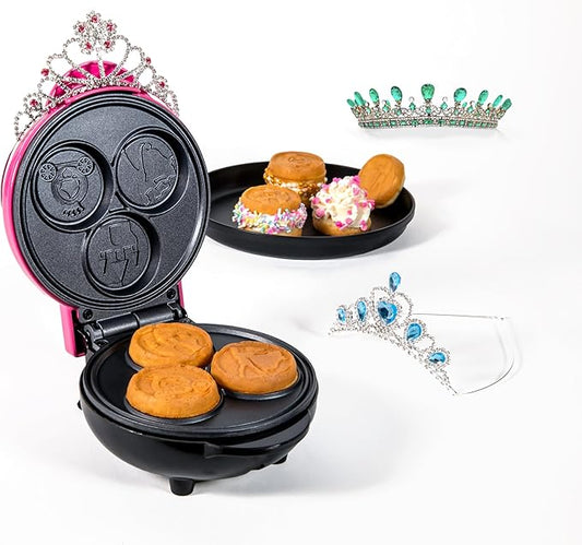 Nostalgia MyMini Princess Icons Shape Electric Waffle Maker, 5-Inch Non-Stick Griddle for Waffles, Hash Browns, Eggs, and More, Pink