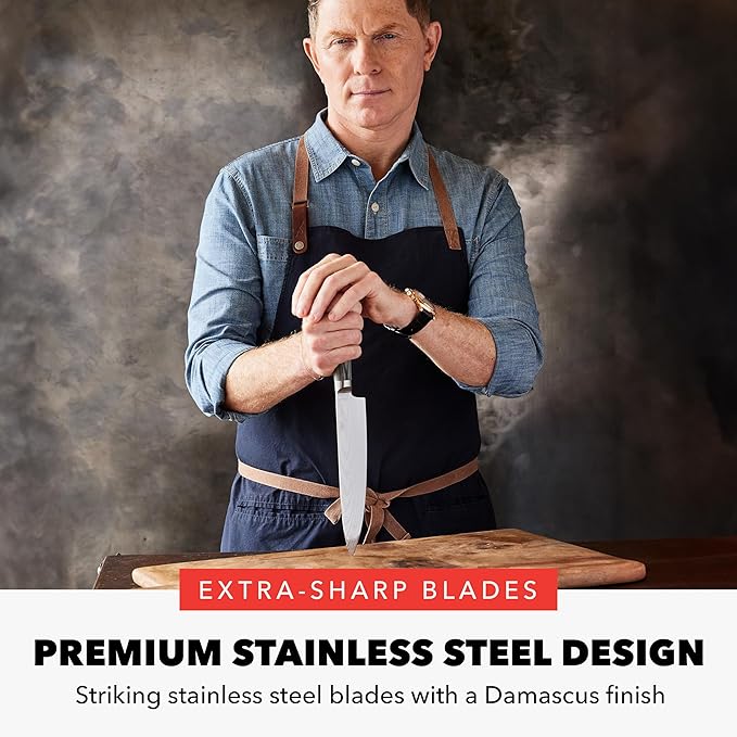 GreenPan x Bobby Flay 13 Piece Stainless Steel Cutlery Kitchen Knife Block Set, Premium Stainless Steel Blades, Acacia Wood Knife Block, Hand Finished Ergonomic Wood Handle, Damascus Steel Design