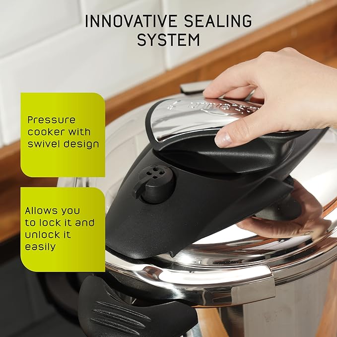 Universal (6.3 Quart / 6 Liter) Stainless Steel Easy Use Pressure Cooker + Extra Glass Lid, Induction Compatible, Pressure Cooker & Multipurpose Pot, 7 servings