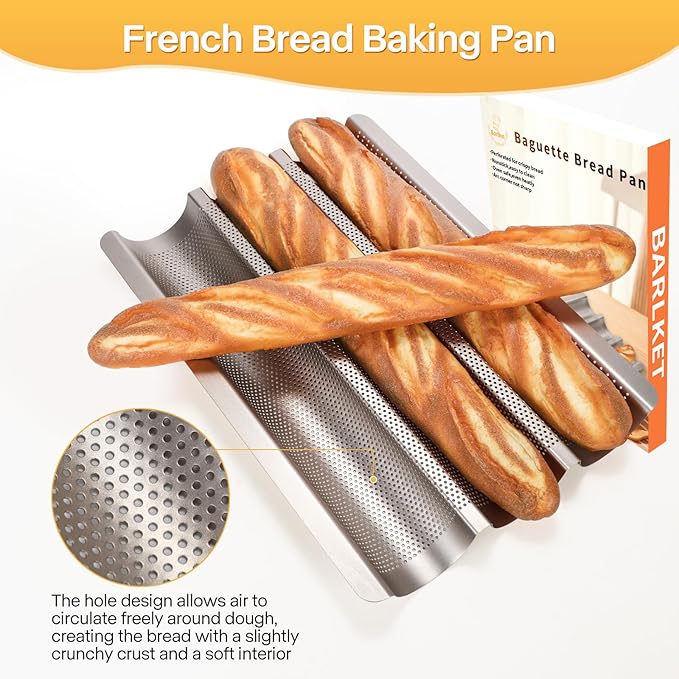 Barlket Baguette Bread Pan, Perforated French Bread Pan, Nonstick Bread Pans for Baking, with Baguette Kit – Includes Proofing Cloth & Dough Cutter, 15x11 Inch Gold, 3 Loaf
