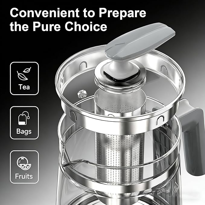 1200w Electric Kettle, 1.5L Borosilicate Glass tea kettle, Hot water kettle electric for Coffee or Tea, BPA Free, Auto Shut-Off, Stainless Steel, Fast Boil, White