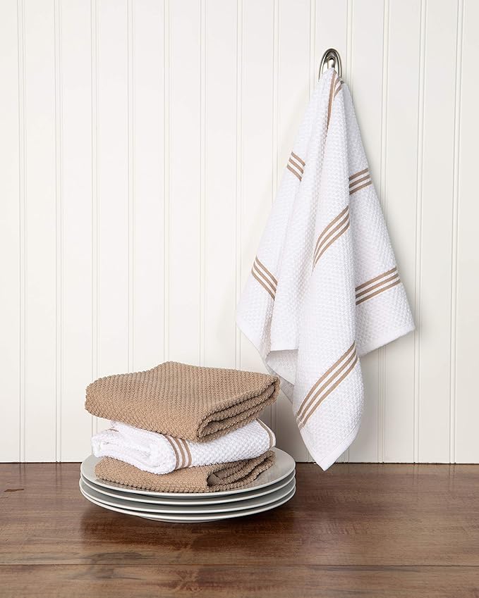 Sticky Toffee Cotton Kitchen Towels Set of 4 – 28x16 in Tan and White Dish Towels, Reusable and Absorbent Tea Towels for Cleaning or Drying, Oeko-Tex Cotton