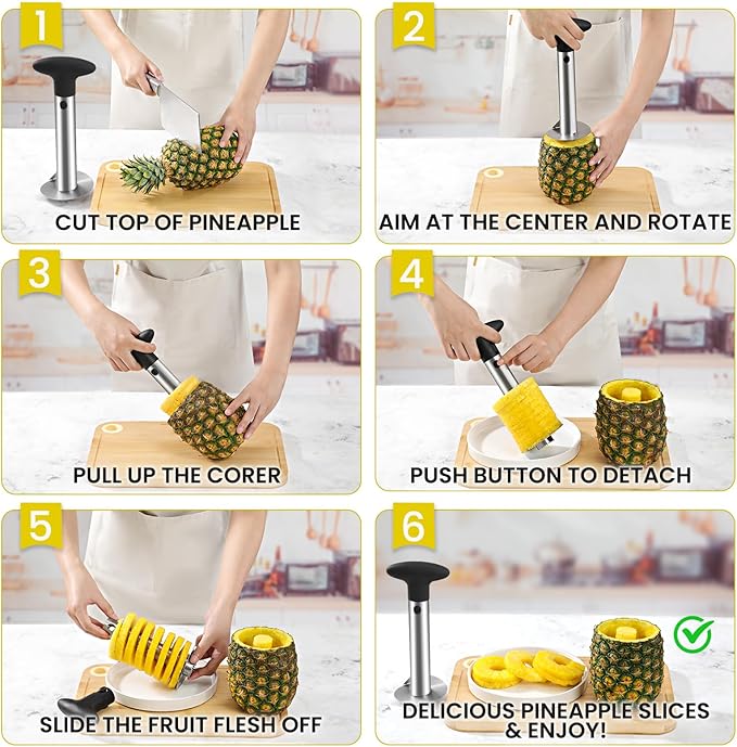 Premium Pineapple Corer and Slicer Tool - Sharp Pineapple Cutter with Serrated Tips - Easy to Use and Clean - Stainless Steel Core Remover for Pineapple - Core Fruits with Ease(Black)