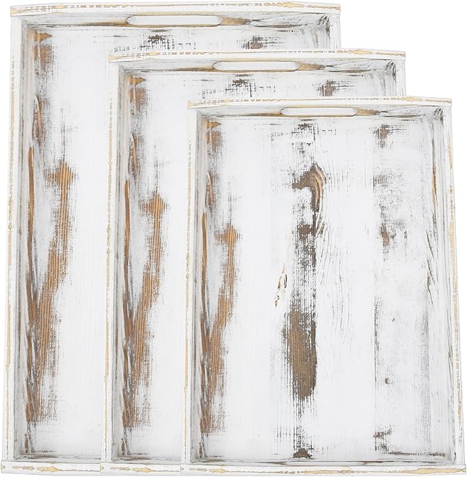 Owlgift Rustic White Wood Serving Trays with Brass Metal Wrap Accents, Set of 3