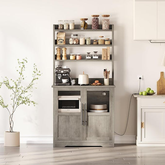 Garvee Farmhouse Bakers Rack with Glass Door, Microwave Stand with Power Outlets, Kitchen Hutch Pantry Cabinet, Kitchen Coffee Bar Cabinet for Spices, Dishes, and Pots, Gray