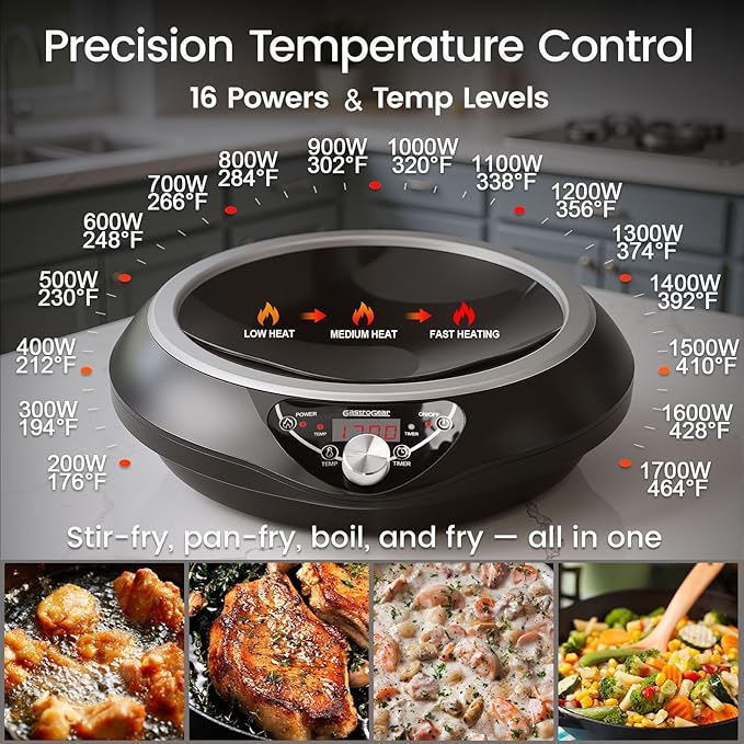 GastroGear Induction Wok Cooktop Set, 2025 New & Improved Electric Skillet Induction Burner w/Carbon Steel Wok, Glass Vented Lid, Rack, 176°F to 464°F, 18 Hrs Timer, Auto-off (Black 110V~120V)