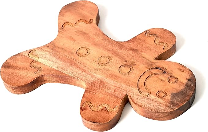 Treen Art Wood Cutting Board for Kitchen Christmas Ginger Bread Shaped Wooden Cutting Board with Grooves, Decorative cutting board for Cheese & Charcuterie Serving Platter 13.5"L x 10.75"W