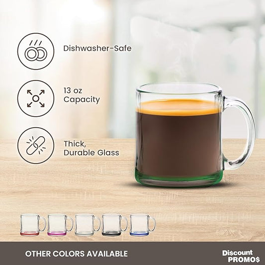 Libbey Clear Glass Coffee Mugs 13 oz. Set of 10, Bulk Pack - Perfect for Coffee, Tea, Espresso, Hot Cocoa, Other Beverages - Green Bottom