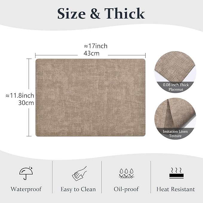 FROMHEART Faux Leather Placemats Set of 8–Waterproof,Heat/Oil Stain-Resistant PU Table Mat–Reversible,Non-Slip,Easy to Clean Place Mats for Kitchen,Dining,Indoor/Outdoor,(Light Coffee,11.8" x 17")
