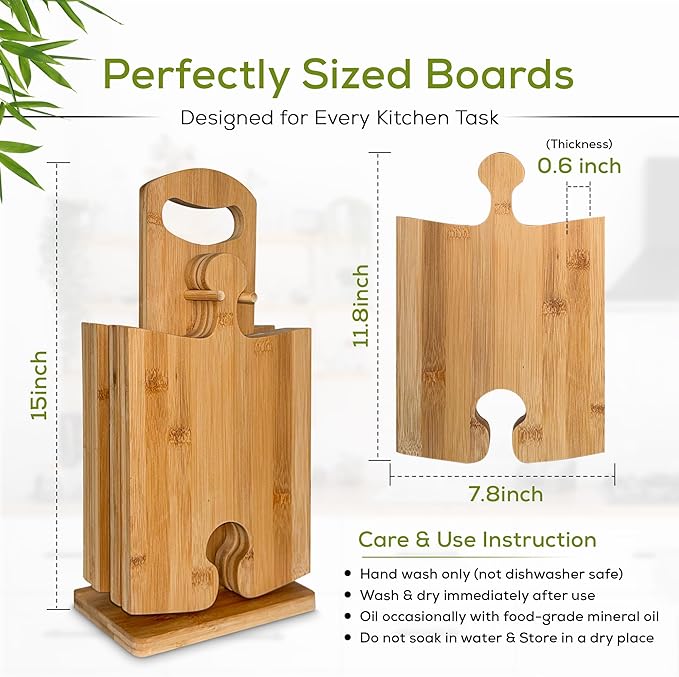 UniBrands 4pcs Bamboo Cutting Board Set with Stand | Natural Eco-Friendly Cutting Boards for Kitchen, Charcuterie Boards, Wooden Chopping Boards, Serving Tray, Wood Cutting Boards | Cocina
