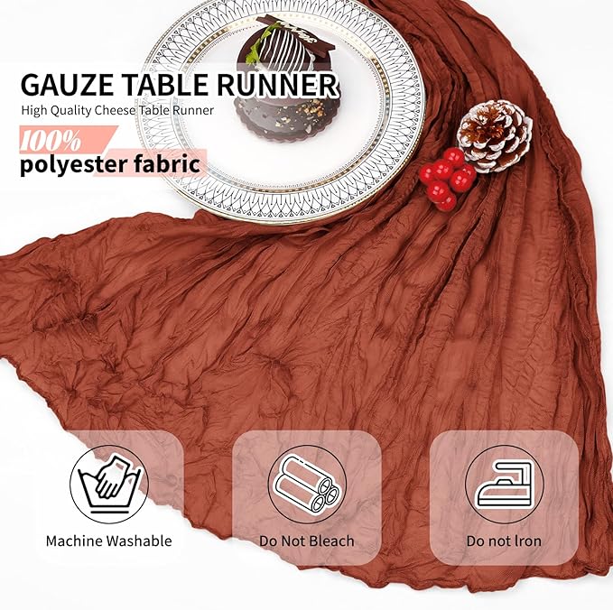 12 Pack Terracotta Cheesecloth Table Runner 10Ft, Christmas Table Runner 21.5 x 120 inch, Burnt Orange Semi Sheer Cheese Cloth Fabric Thanksgiving Runner Bulk for Wedding,Party,Bridal Shower