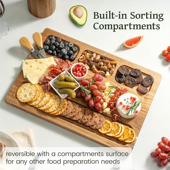 Kikcoin Acacia Wood Cutting Boards for Kitchen, Wooden Cutting Board, Chopping Board with Built-In Compartments and Juice Groove, Solid Charcuterie Board Serving Tray Wood Butcher Block, 17" x 11.8"