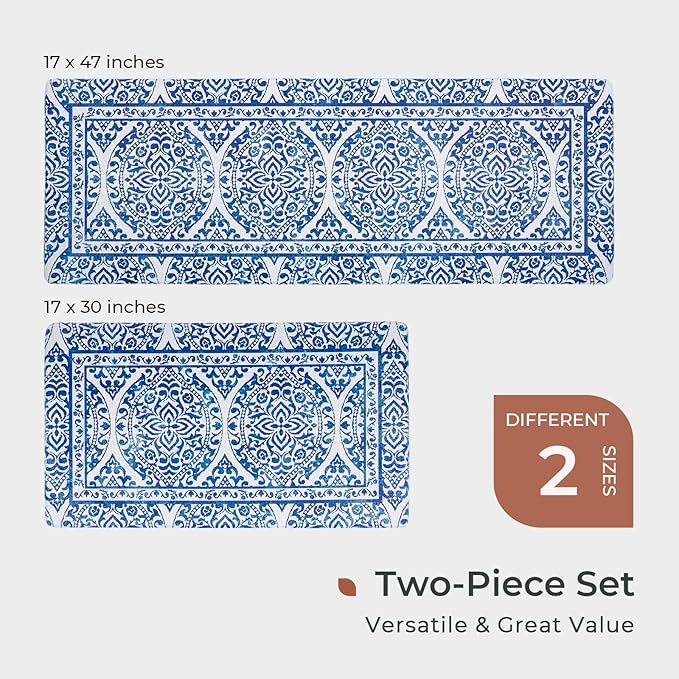 FRESHMINT 2 Piece Set Boho Kitchen Mats for Floor Bohemian Distressed Anti Fatigue Kitchen Rugs Vintage Farmhouse Cushioned Kitchen Runners for Standing Waterproof & Non-Skid Comfort, Sea Blue
