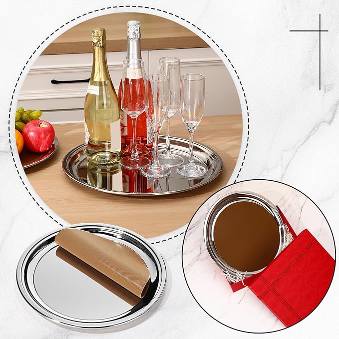 LemonRoad 2 Set Round Silver Mirror Decorative Tray 14.17 Inches Stainless Steel Metal Serving Tray Mirrored Finish Circular Bar Platter with Anti Slip Mat Vanity Kitchen Organizer for Home