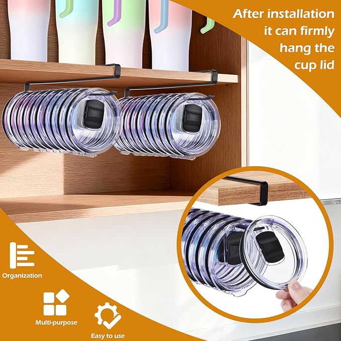 2Pack Tumbler Lid Organizer, Kitchen Space-Saving Cup Holder, Organizers for Under Cabinet Storage, No Glue or Drilling Required (Black)