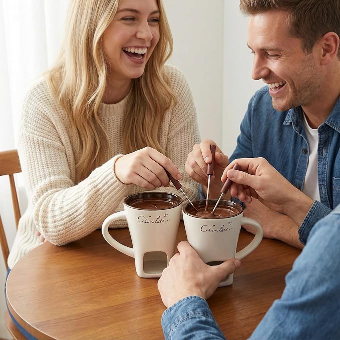 DECHOUS 2 Pack Fondue Pot Ceramic Chocolate Fondue Mug Set with 2 Forks Personal Fondue Mugs Melting Pot for Chocolate, Cheese, Butter, Suitable for Home Party Wedding
