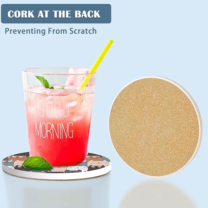 Coasters for Drinks,Cute Cat Gray Cats Absorbent Coaster Set of 4 with Cork Base,Ceramic Drink Coasters for Cold Drinks Wine Glasses Cups Mugs,Housewarming Gifts for Home Decor