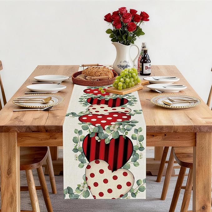 Valentines Day Table Runner 13x60 Inch, Eucalyptus Hearts Valentine Table Runner, Anniversary Home Kitchen Dining Table Holiday Party Decorations