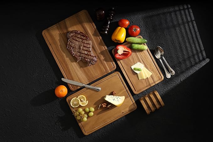 Sango Acacia Cutting Board Set with Juice Grooves and Hanging Holes, 3-Piece - Wood Chopping Boards, Stackable & Reversible for Kitchen, Non-Toxic, Perfect as Butcher Block Countertop, Atelier