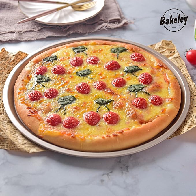 Bakeley 12-inch Pizza Pan, Heavy Duty Carbon Steel, Non-Stick, Pancake Bakeware for Oven Baking (Champagne Gold)