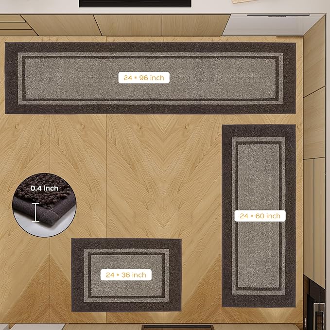 Kichen Rugs 24" x 96", Non-Slip Machine Washable Kitchen Runner Rugs Floor Mats, Absorbent Comfort Standing Mats for Kitchen, Sink, Laundry and Hallway, Grayish Brown & Coffee