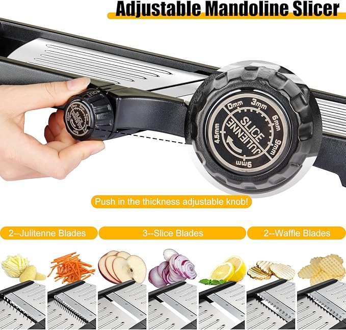 Mandoline Food slicer for kitchen, Adjustable Stainless Steel Mandoline Vegetable slicer, Food slicer Onion Potato Chip French Fry, 7 in-1 Adjustable Blade, Including 1 Pair of Gloves