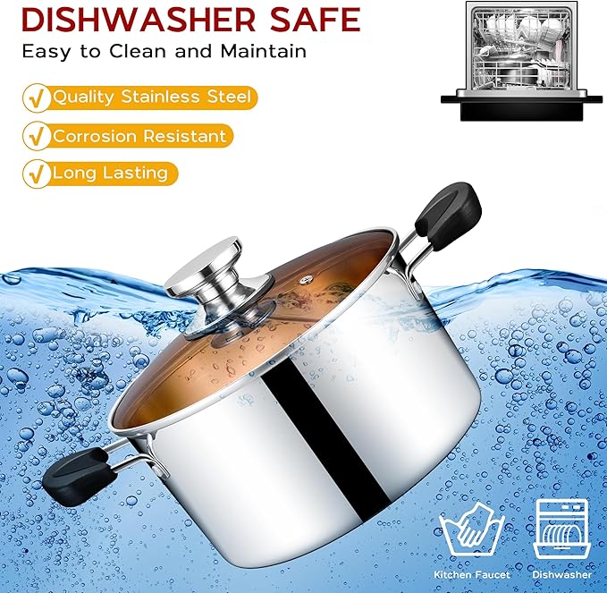 Onader 8 Quart Stock Soup Pot with Lid, 18/10 Stainless Steel Stockpot Tri-Ply Cooking Induction Pot with Stay-Cool Handles