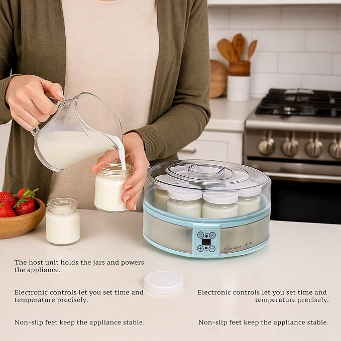 Studio 54 Yogurt Maker Machine with 7 Reusable Glass Jars (6oz Each), Probiotic Greek Yogurt Maker with Precise Time & Temperature Controls, Retro Blue Digital Yogurt Maker