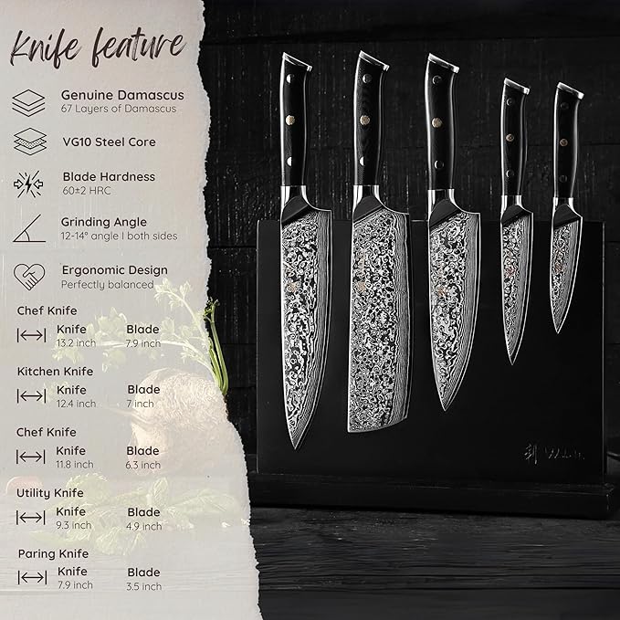Wakoli Elite Cuisine Knife Block Set – 5-Piece Professional Damascus Kitchen Knife Set with Magnetic Block, G10 Handles & VG10 Core in Elegant Gift Box