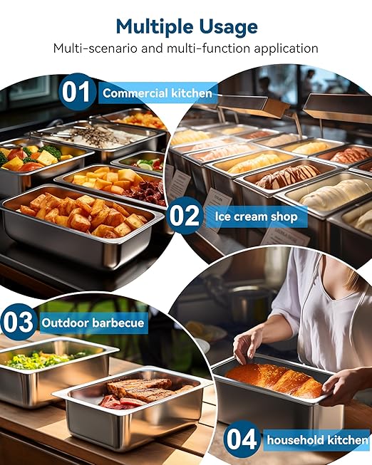 ZeroPone 6 Pack Hotel Pans, 1/3 Size 6" Deep Stainless Steel Steam Table Pan 22 Gauge Anti Jam Commercial Food Pans for Hotel, Party, Buffet, Catering Supplies