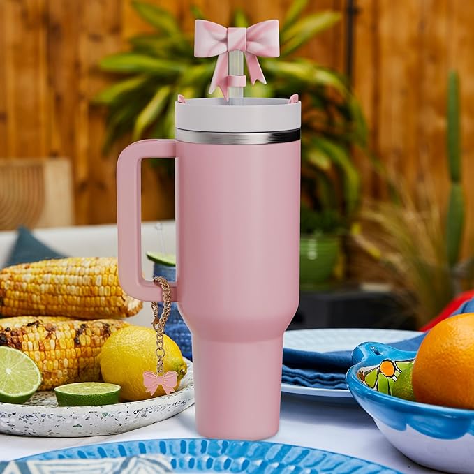 Compatible with Stanley Cup Accessories - 3Pcs 10mm Bow Straw Topper Compatible with Stanley Cup Straw Cover Cap, 2pcs Pink White Bow Charms for 30&40 Oz Tumbler with Handle
