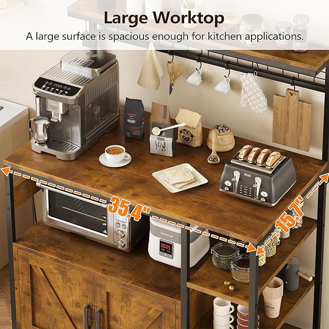 TVU Bakers Rack with Power Outlet and LED Light, Microwave Stand with Storage Cabinet, Coffee Bar Cabinet Station with 6 Hooks for Kitchen, Dining Room, Living Room, Coffee Bar, Rustic Brown, Black
