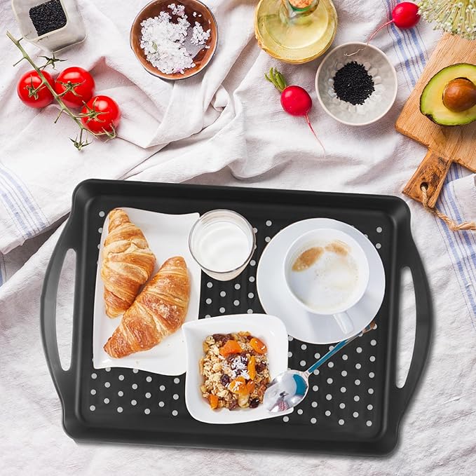 4 PCS Non-Slip Plastic Serving Trays with Handles Black Grill Prep Trays for Prep Carry Rectangular Plastic Food Tray for Serving Food, Snack,Breakfast Drink(16.5x11.4x1.6 inch)