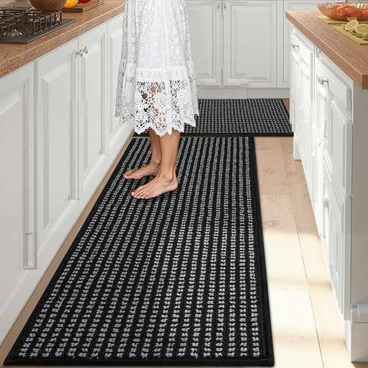 Kitchen Rugs,Non Slip Absorbent Kitchen Mats for Floor-Thick Stain Resistant Washable Kitchen Floor Mat Runner Carpet for Hallways,Entryway,Laundry Room,Sink(17"x29"+17"x59",Black,Roll Package)