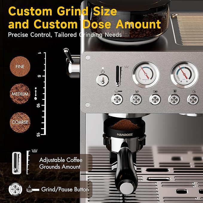 HANROSE Espresso Machine with Grinder, 20Bar Espresso Machine Stainless Steel, Coffee Machine with Milk Frother for Latte/Cappuccino, Adjustable Temperature, Independent Hot Water & Americano Function