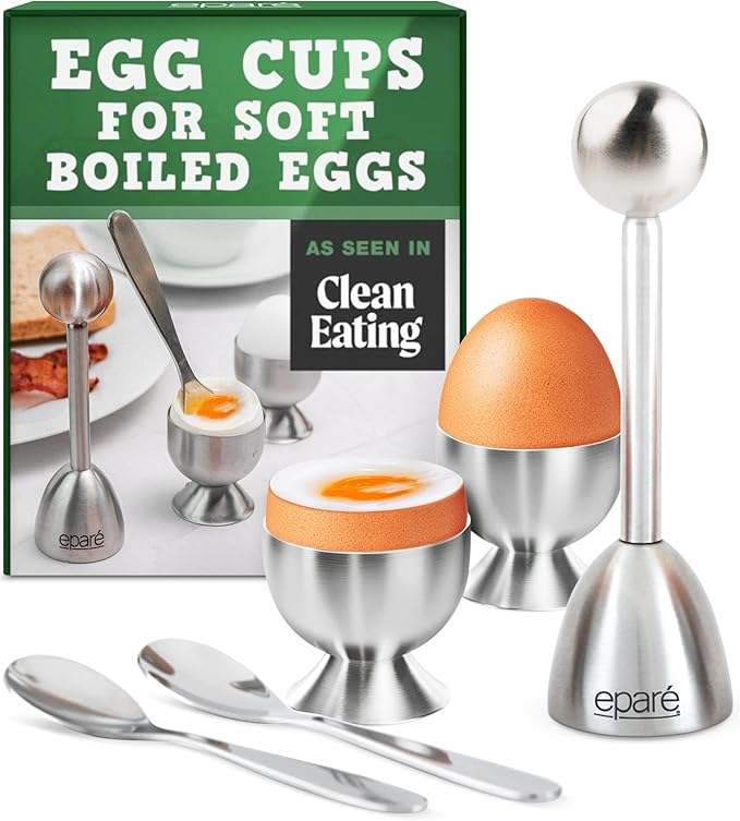 Eparé Egg Cups & Cracker Set - Egg Cups for Soft Boiled Eggs British - Stainless Steel Egg Topper Cutter - Egg Spoons & Egg Holder for Boiled Eggs