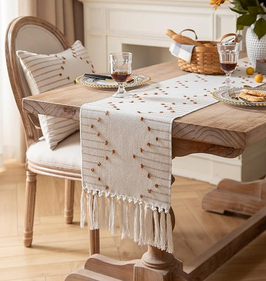 Boho Table Runner 13 x 48 Inch Long Natural Cotton Woven Runner with Tassels for Home Dining Table décor, for Modern Farmhouse Decor Coffee Table Runner, Brown and Beige