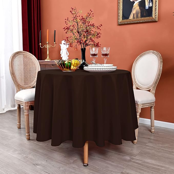 MEANMOY Brown 210 GSM Water & Stain Resistant Round Tablecloth for Circle Table - Solid 70 Inch Table Cloth Cover in Wrinkle Free Durable Washable Polyester Fabric for Wedding, Party, Banquet