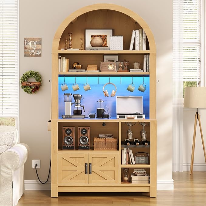 Itaar 73" Tall Arched Bakers Rack with Power Outlet and LED Light, Farmhouse Coffee Bar Cabinet, Kitchen Microwave Stand with Storage for Kitchen, Dining Room, Living Room, Natrual