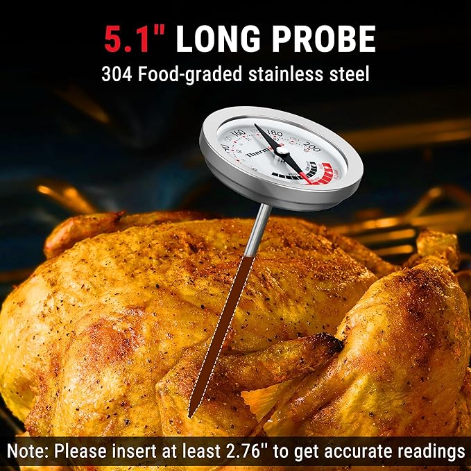 ThermoPro APT200 2 Pcs Meat Thermometer for Cooking with Extra-Large 2-Inch Dial, Analog Dial Food Cooking Thermometer with 5.1" Stainless Steel Probe for Poultry, Pork, Beef Candy Making Accessory