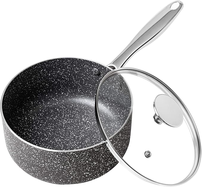 MICHELANGELO 2 Quart Saucepan with Lid, Nonstick Sauce Pan with Healthy Coating, Granite Sauce Pan with Stainless Steel Handle, 2 Qt Saucepan Induction Compatible, Gray