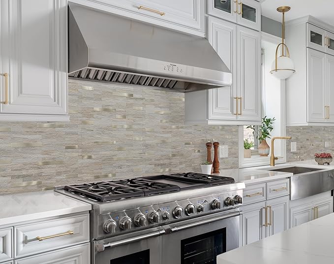 2 Sheets Kitchen Peel and Stick Backsplash Tiles, Beige with Metal Gold Look Stick on Backsplash for Kitchen, RV, Fireplace