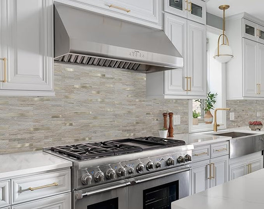 2 Sheets Kitchen Peel and Stick Backsplash Tiles, Beige with Metal Gold Look Stick on Backsplash for Kitchen, RV, Fireplace