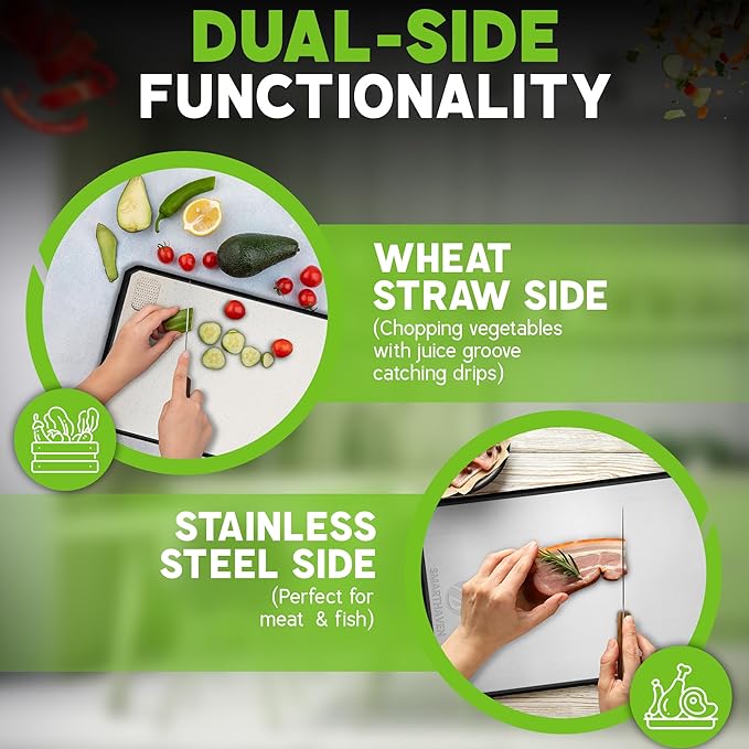 SMARTHAVEN Titanium Coated Stainless Steel Cutting Board, Professional Double-Sided Chopping Board with Wheat Straw PP, Food Grade, 40x29cm