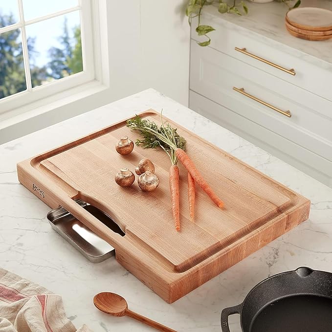 John Boos Newton Prep Master Series Rectangular Wooden Maple Cutting Board 24”x18” – 2.25” Thick, 30-lb Reversible Butcher Block with Catch Pan, Sloped Juice Groove & Edge-Grain – Made in the USA