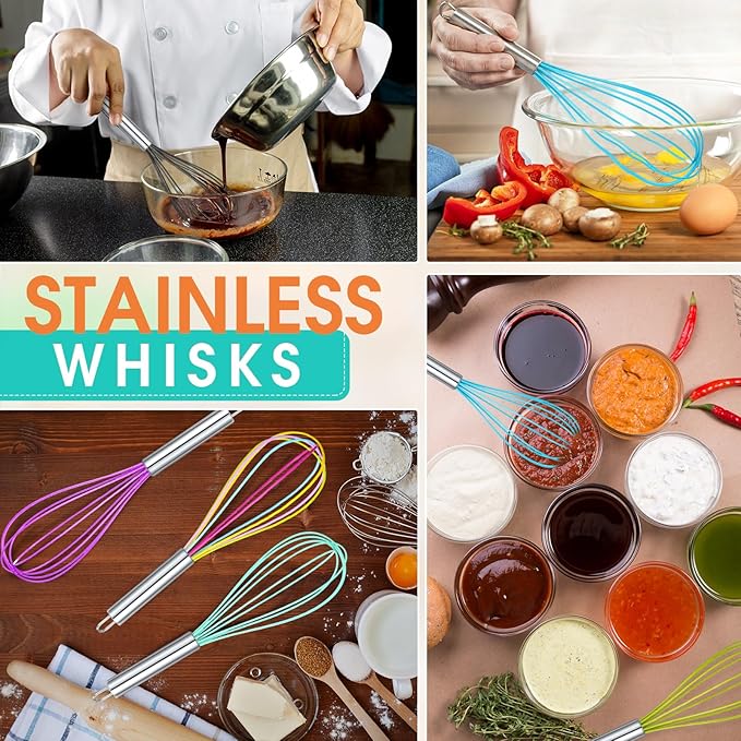 Domensi 24 Pcs 10 Inch Whisks Bulk for Cooking Silicone Whisks Non Scratch Stainless Steel Egg Beater Colorful Coated Metal Heat Resistant Egg Beaters for Valentines Day Party Favor Gift Supplies